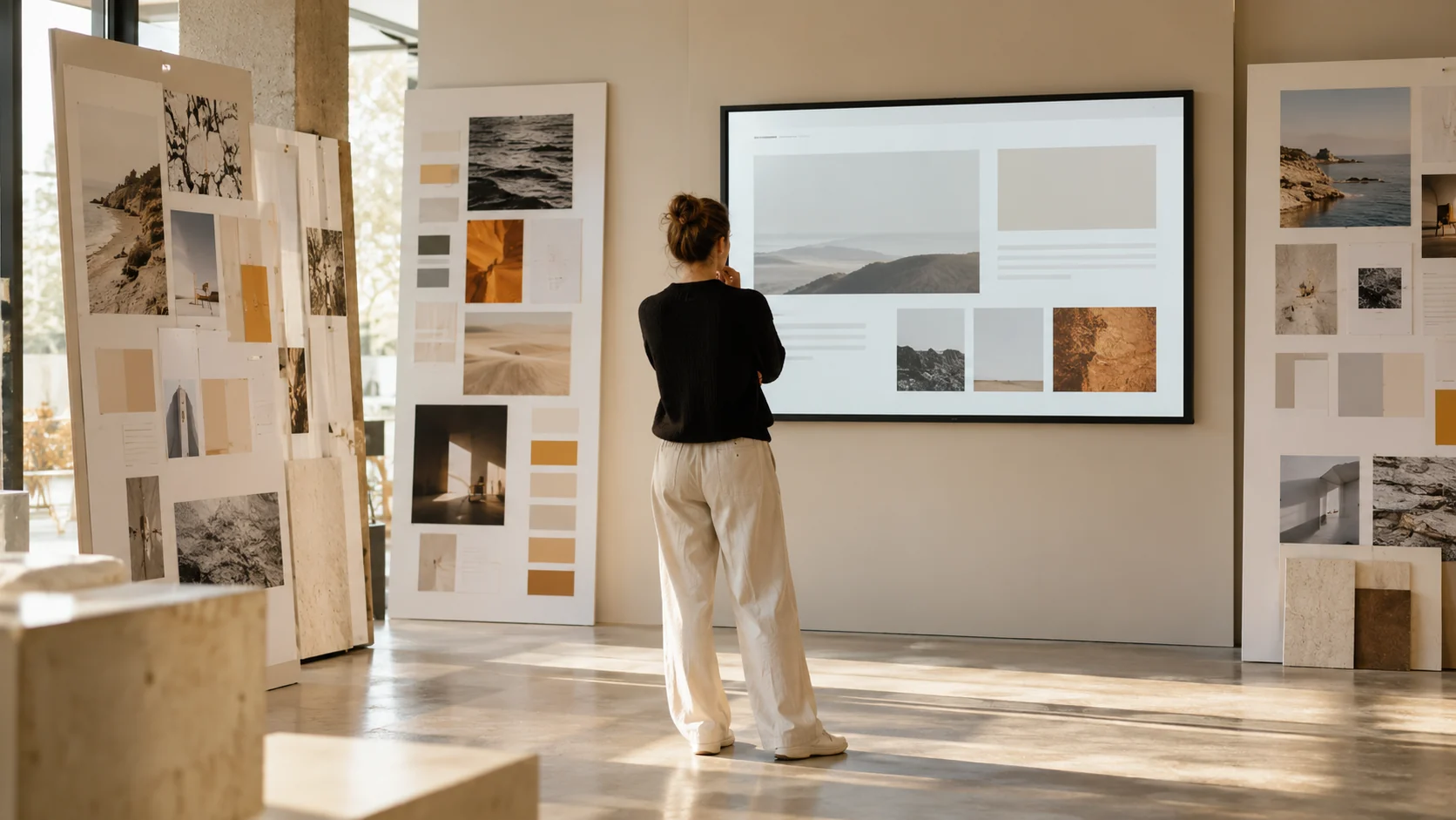 Designatelier mit Layouttafeln und einer Gestalterin vor einem großen Display.