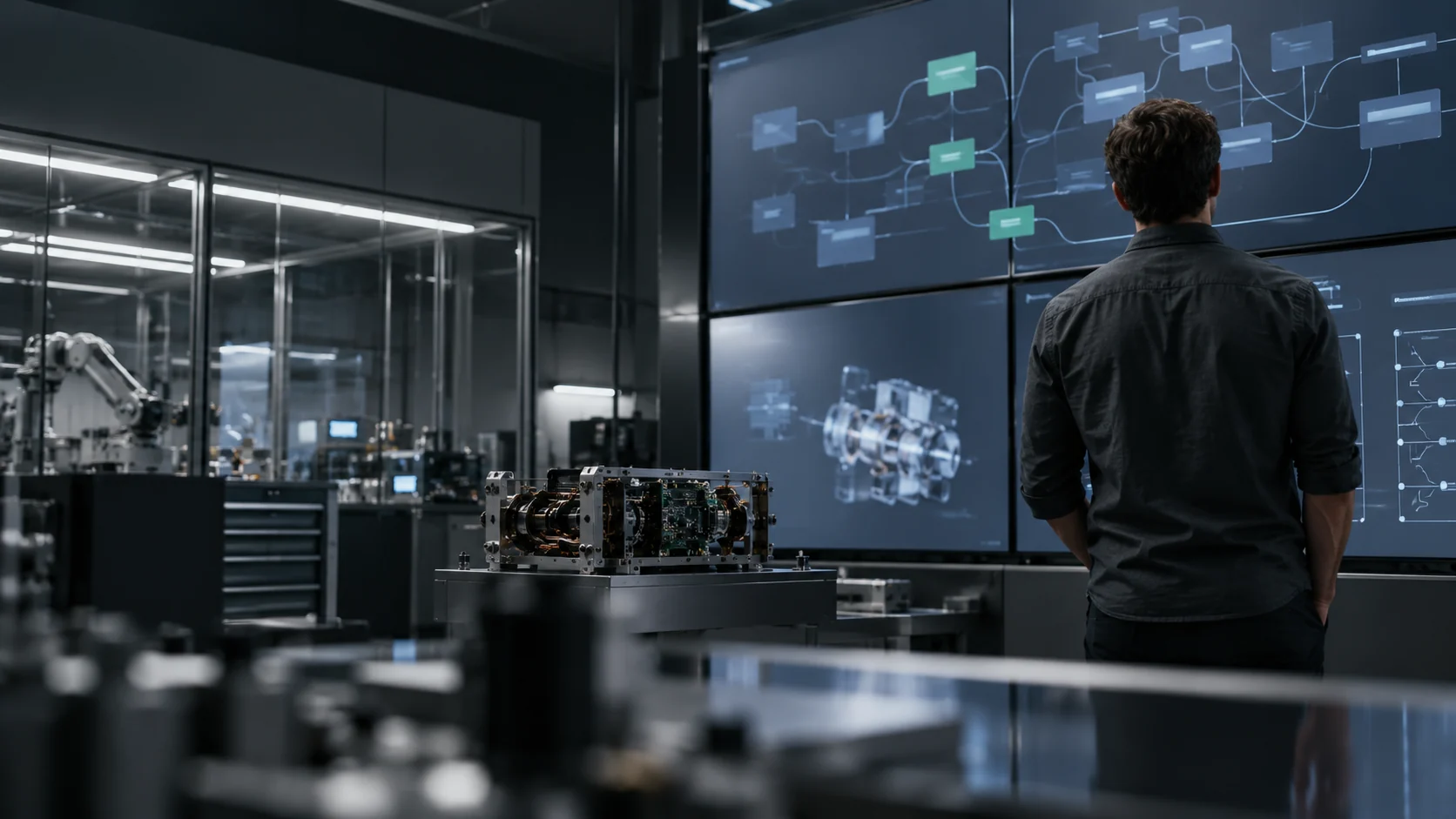 Entwickler vor großen Systemdarstellungen in einer dunklen technischen Arbeitsumgebung.