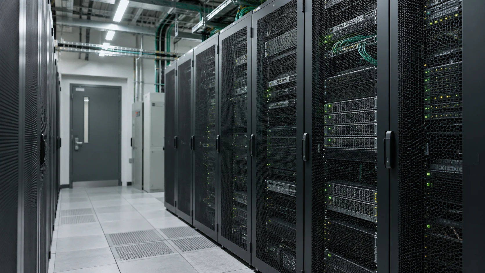 Organised server racks and cable routes in a professional equipment room.
